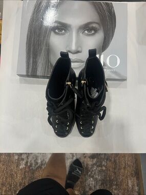 Jennifer Lopez Black Lace-Up Wedge Booties with Gold Hardware